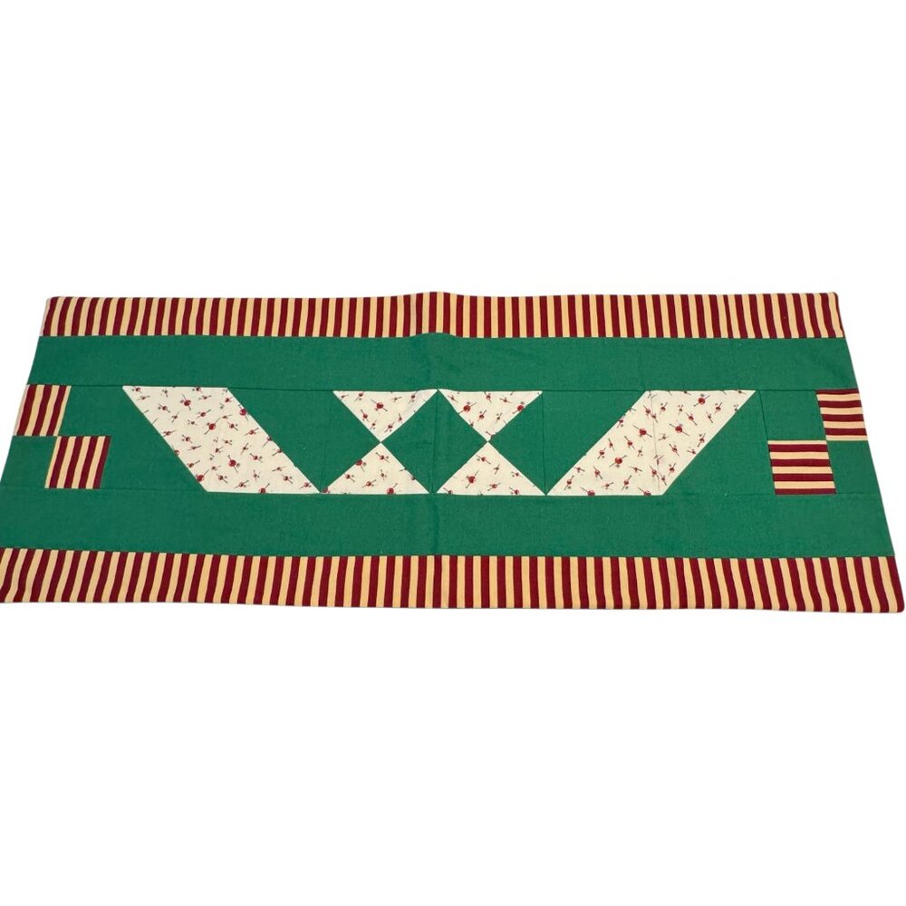 Table Linen Runner Centre Patched Work Red, Green & Cream Handmade Vintage 28 in